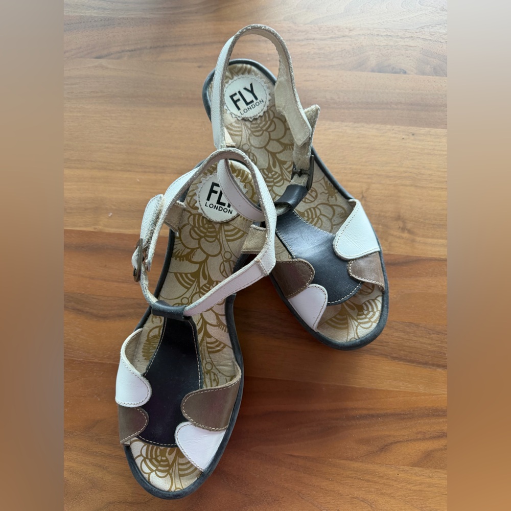 Fly London Multi-Color Leather T-Strap Sandals - White, Black, Brown